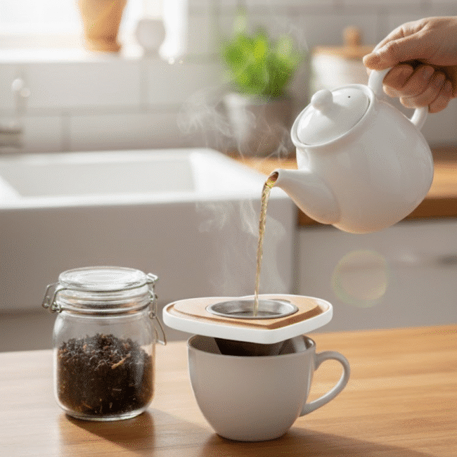 ⁦مصفاة شاي على شكل قلب – مصنوعة من الخيزران الطبيعي مع فلتر ستانلس ستيل لتخمير الشاي الورقي في الأكواب والمجات⁩ - الصورة ⁦3⁩