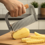 ⁦قاطع خضار متموّج بمقبض خشبي – سكين تمويج لتقطيع البطاطس والخضروات والفواكه – شفرة فولاذ مقاوم للصدأ⁩ - الصورة ⁦2⁩