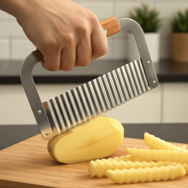 ⁦قاطع خضار متموّج بمقبض خشبي – سكين تمويج لتقطيع البطاطس والخضروات والفواكه – شفرة فولاذ مقاوم للصدأ⁩ - الصورة ⁦2⁩