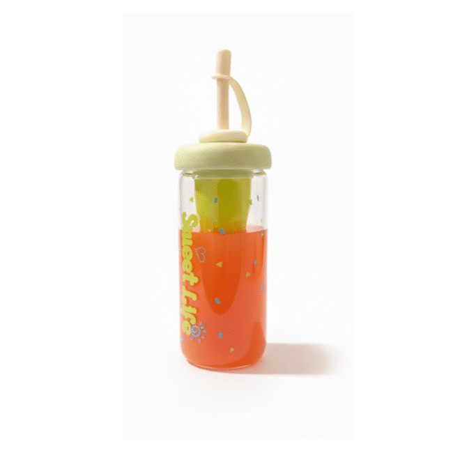 Glass Detox Water and Juice Bottle with Straw and Twisted Cover – 650 ml-Yellow - Image 2