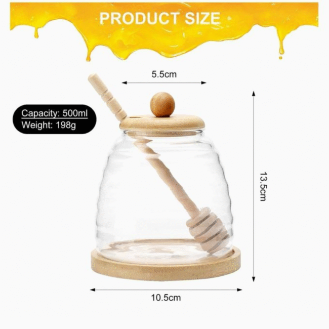 Glass Honey Jar With Wooden Spoon and Coaster, Cute Bee Decoration 500ml - Image 4