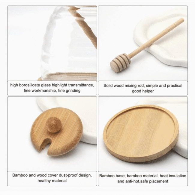 Glass Honey Jar With Wooden Spoon and Coaster, Cute Bee Decoration 500ml - Image 3