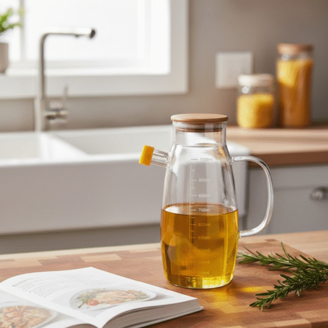 Borosilicate Glass Oil Bottle 1000ml with Bamboo Lid and Silicone Spout - Image 3