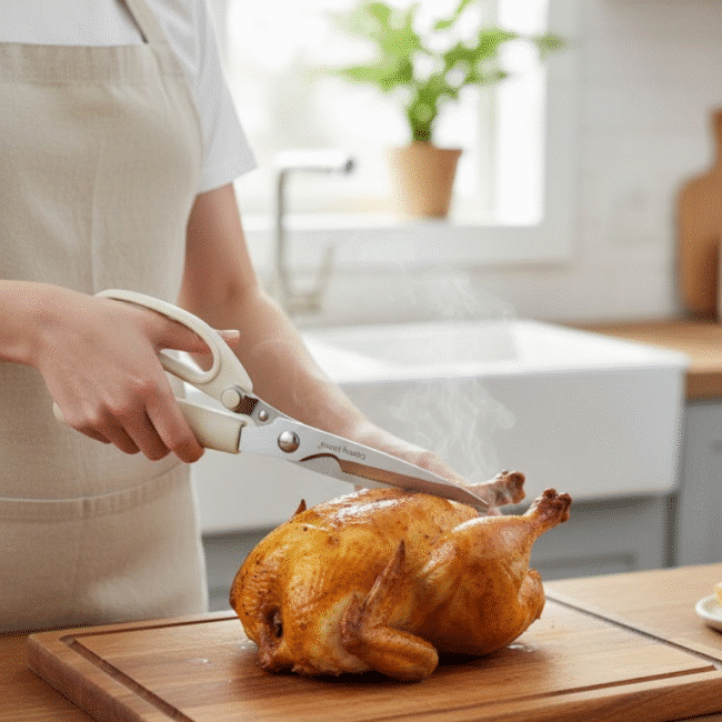 ⁦مقص مطبخ داني هوم عالي التحمل من الفولاذ المقاوم للصدأ - مقص متعدد الأغراض للدواجن بمقبض ناعم لقطع سهل - بيج⁩ - الصورة ⁦3⁩