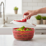 ⁦مصفاة تجفيف السلطة الكبيرة من داني هوم– مقاس 24.3 × 20.5 سم – جهاز تجفيف السلطة السريع بزر دوران يدوي مع سلة داخلية قابلة للإزالة ووعاء كبير شفاف للتقديم⁩ - الصورة ⁦2⁩