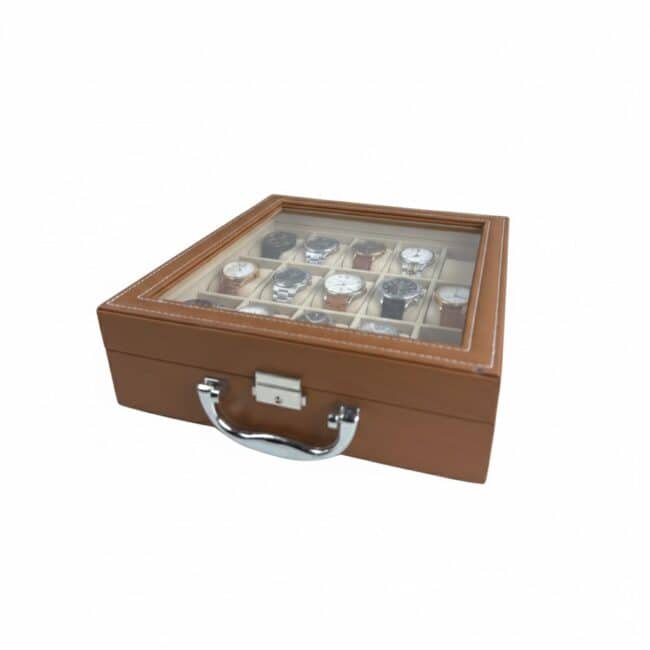 Brown Leather Watch Box – 15 Slot Organizer for Watches, Smartwatches & Accessories - Image 4
