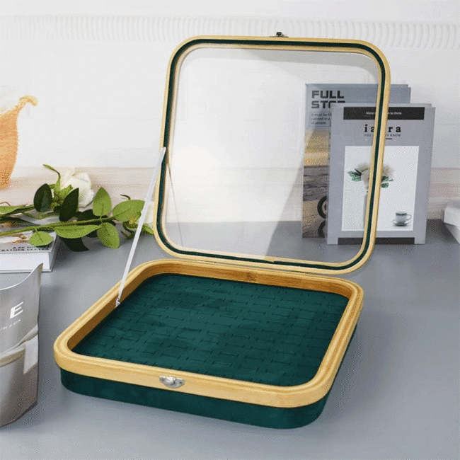 Bamboo Rings and Jewelry Organizer Box With Glass Cover-104 Slots, Green - Image 2