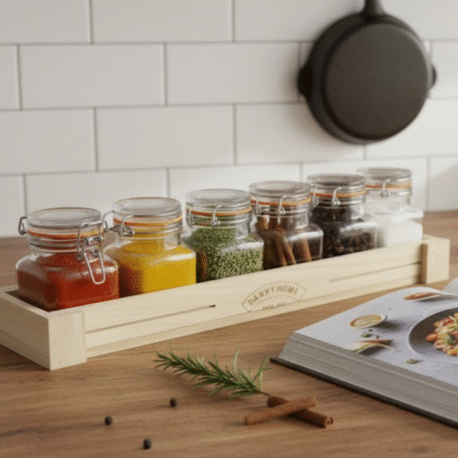 Danny Home Spice Jar Set with Wooden Rack – 6 Glass Jars, 100ml Each - Image 3