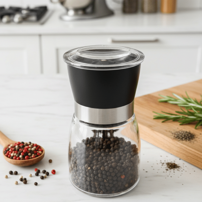 Danny Home Pepper Mill 170ml – Manual Pepper Grinder with Glass Body & Stainless Steel Top, Adjustable Spice Mill for Black Pepper & Dry Spices - Image 4