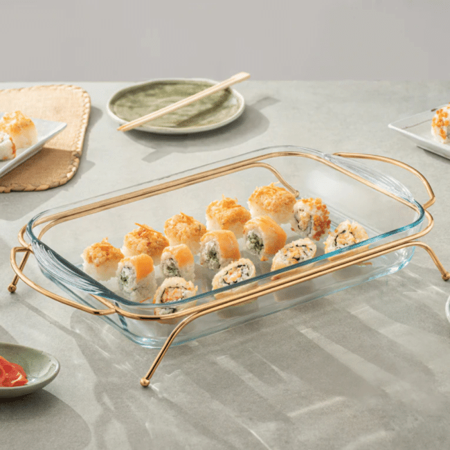 Borcam Rectangular Oven Dish with Gold Metal Stand – 40 × 25 cm Heat-Resistant Glass Bakeware (Turkey Made) - Image 2