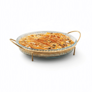 Round Glass Oven Dish with Gold Metal Stand