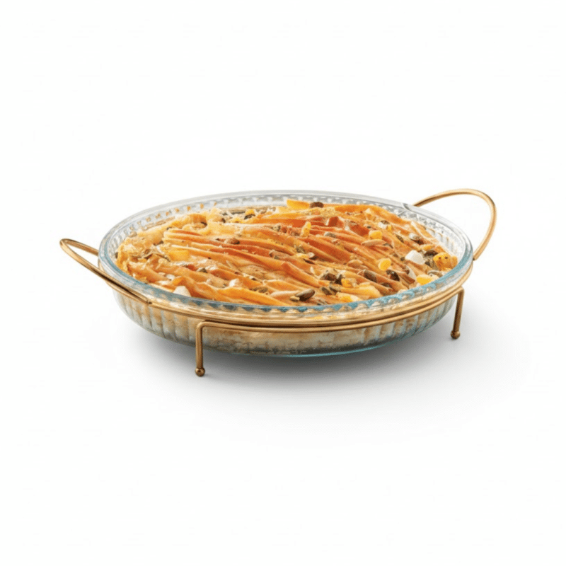طبق فرن زجاجي دائري مع حامل معدني ذهبي