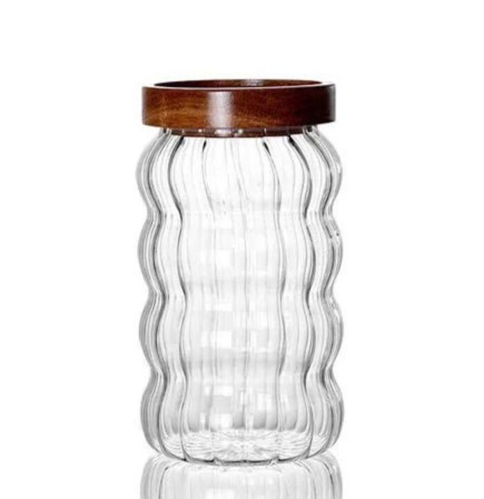 Wavy Shape Borosilicate Kitchen Glass Jar with Wood Lid (700 ml)