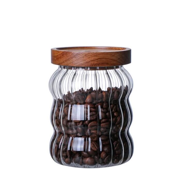 Wavy Shape Borosilicate Kitchen Glass Jar with Wood Lid (700 ml)