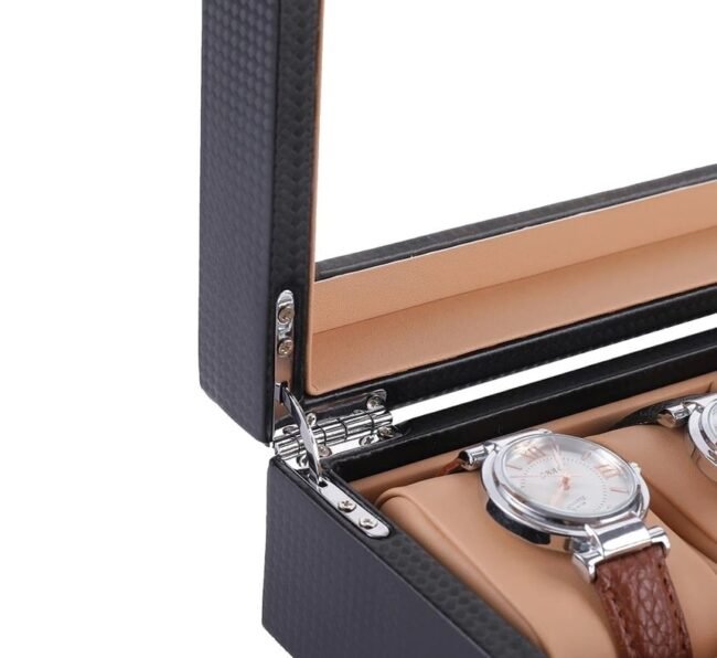 Luxury Carbon Fiber Leather Watch Box Organizer 6 Slots