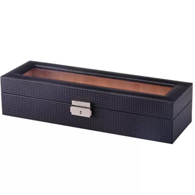 Luxury Carbon Fiber Leather Watch Box Organizer 6 Slots