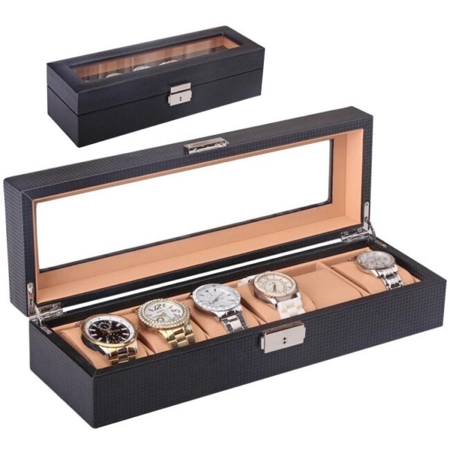 Luxury Carbon Fiber Leather Watch Box Organizer 6 Slots