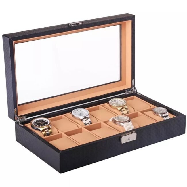 Luxury Carbon Fiber Leather Watch Box Organizer 12 Slots