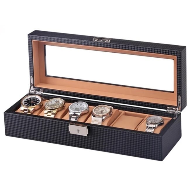 Luxury Carbon Fiber Leather Watch Box Organizer 6 Slots