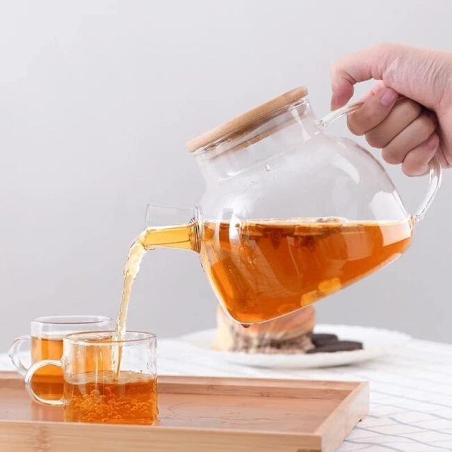 High Borosilicate Pyrex Glass Teapot With Stainless Steel Filter And Bamboo Lid -(1000Ml)