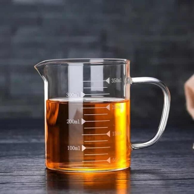 Graduated Measuring Beaker Mug With Handle And Durable Bamboo Lid-Borosilicate Glass-(350Ml)