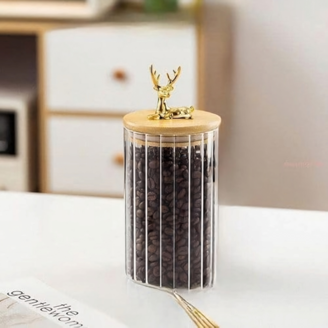 Ribbed Glass Jar with Wood Lid Deer Shaped and Sealed (500Ml)