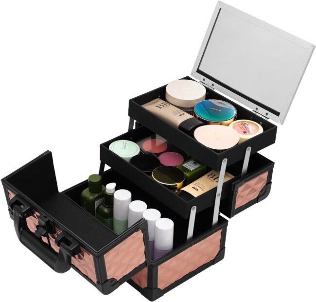 Mini Makeup Box, Portable Cosmetics Train Case with a Handle, Practical Travelling Storage Box with 2-Tier Trays & Mirror, for Home Makeup Jewelry Storage (Gold)