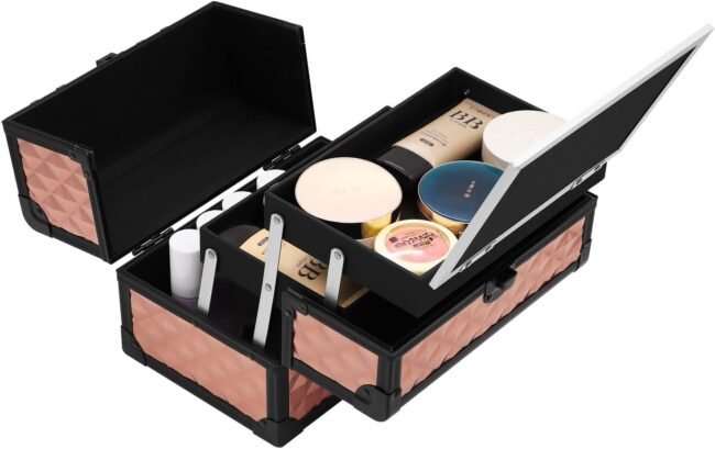 Mini Makeup Box, Portable Cosmetics Train Case with a Handle, Practical Travelling Storage Box with 2-Tier Trays & Mirror, for Home Makeup Jewelry Storage (Gold)