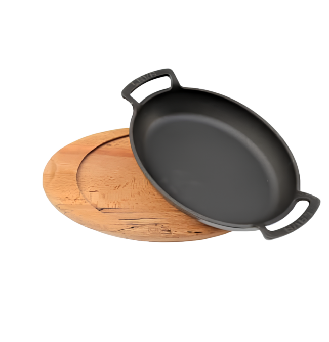 LAVA Cast Iron 2 Hand Oval Shape Frying Pan with Wooden Base Size 27-Turkish Made