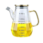 زجاجة زيت وخل، زجاج البوروسيليكات الشفاف المقاوم للحرارة، مع مقبض كبير وغطاء محكم من الستانلس ستيل - (700 مل)