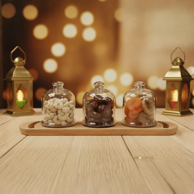 ⁦طقم بولات للتمر من باشاباشي مع صينية خشبية - 3 أوعية زجاجية بغطاء (9 سم، 230 مل لكل وعاء) - طقم تقديم الحلوى والمكسرات والفواكه المجففة⁩ - الصورة ⁦2⁩
