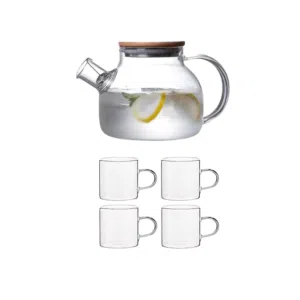 High Borosilicate Pyrex Glass Teapot With Stainless Steel Filter And Bamboo Lid -(1000Ml) With 4 small Cups (75ml)