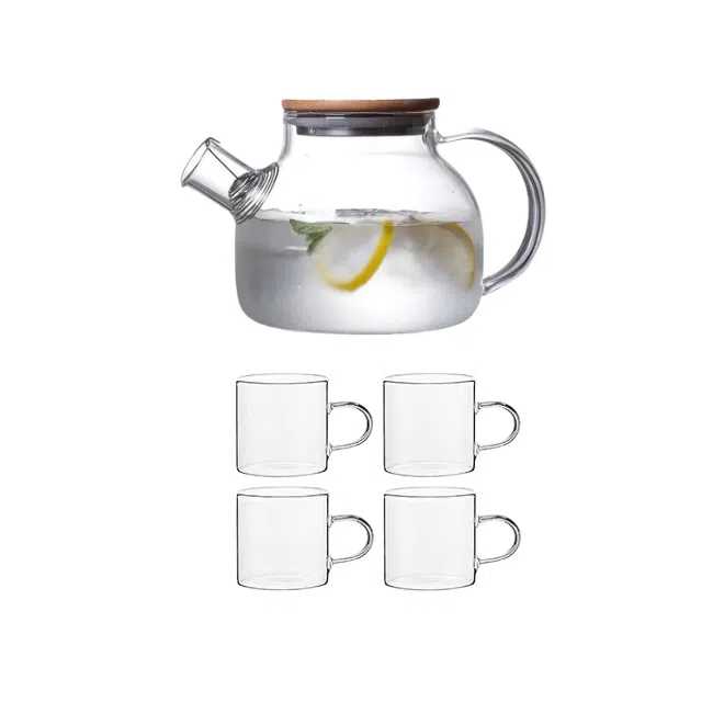 High Borosilicate Pyrex Glass Teapot With Stainless Steel Filter And Bamboo Lid -(1000Ml) With 4 small Cups (75ml) - Image 1