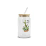 Glass Mug With Airtight Bamboo Lid And Glass Straw Can Shape-380ml (D)