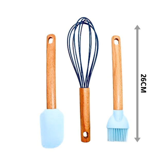 Silicone Cooking Set Consist of 3 PCS (Spatula/Egg Beater/Brush) With Wooden Handel 26cm (Blue)