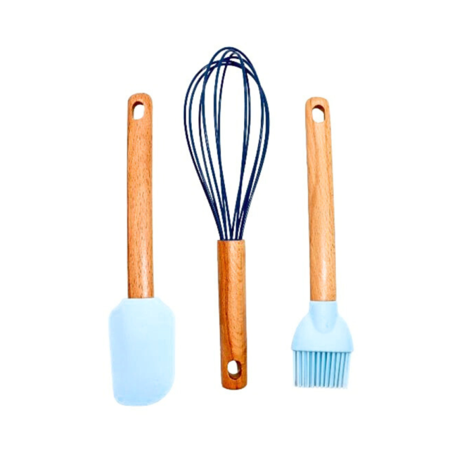 Silicone Cooking Set Consist of 3 PCS (Spatula/Egg Beater/Brush) With Wooden Handel 26cm (Blue)