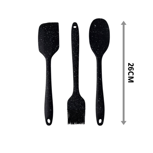 Silicone Kitchen Utensil Set 3Pcs Spatula, Brush, and Spoon Set 26cm -Black