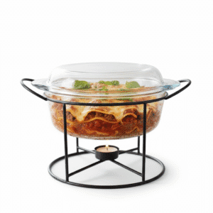 طاجن زجاجي دائري بوركام مع غطاء وحامل أسود – 2100 مل – صناعة تركية