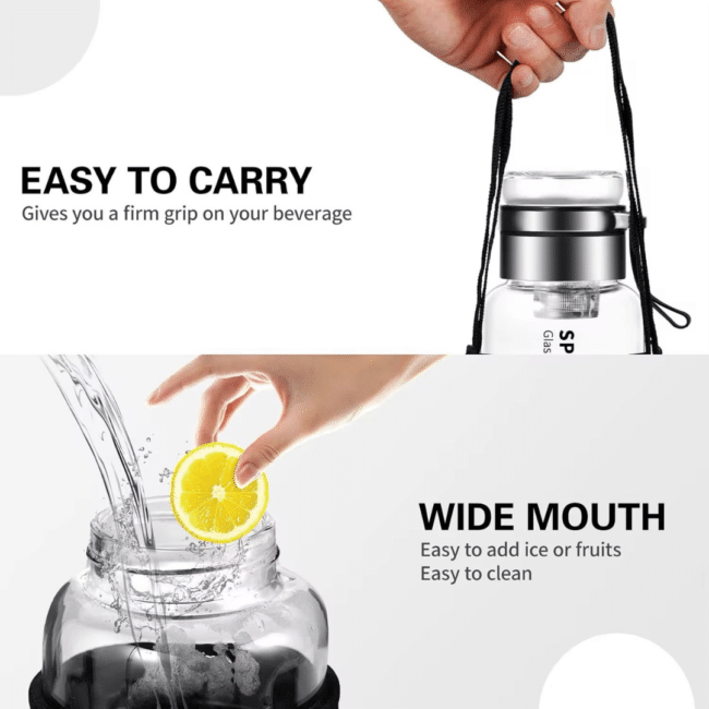 Borosilicate Glass Water Bottle 1Litre  With Filter Tea Infuser and Protective Sleeve -Imported - Image 5