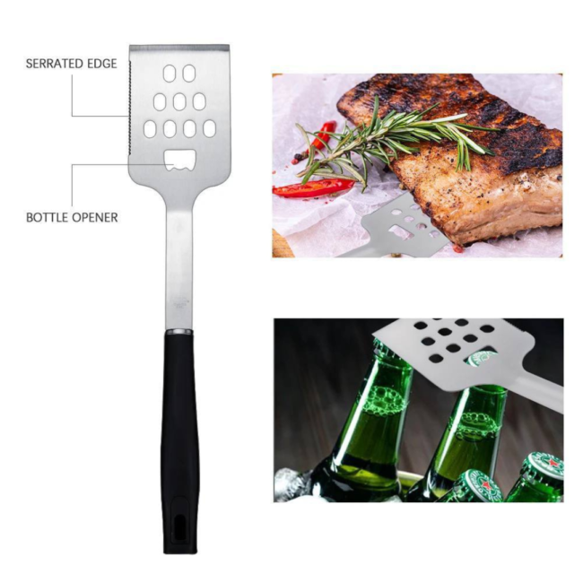 Professional Barbecue Long Tools (Fork-Silicone brush-Food Tong-Cutter and turner) 4Pcs Set