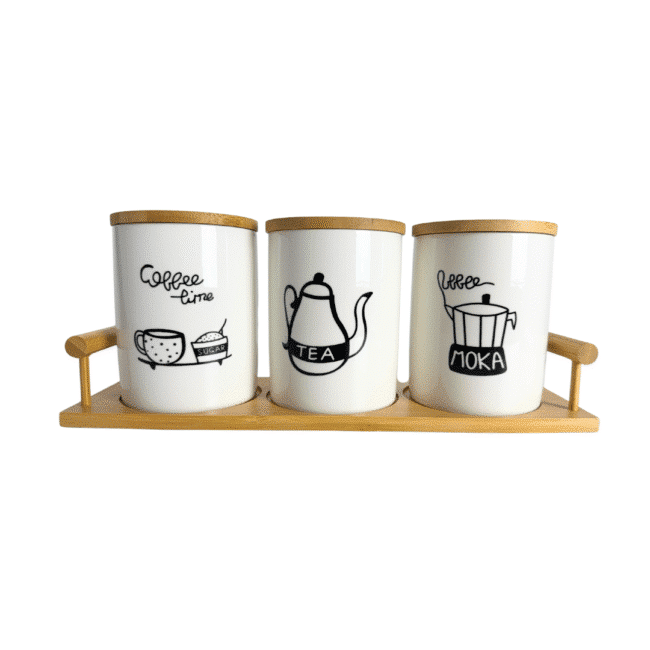 ⁦طقم برطمانات بورسلين بأغطية محكمة الغلق من الخيزران (700 مل) مع صينية من الخيزران للشاي والقهوة والسكر 3 قطع⁩ - الصورة ⁦2⁩