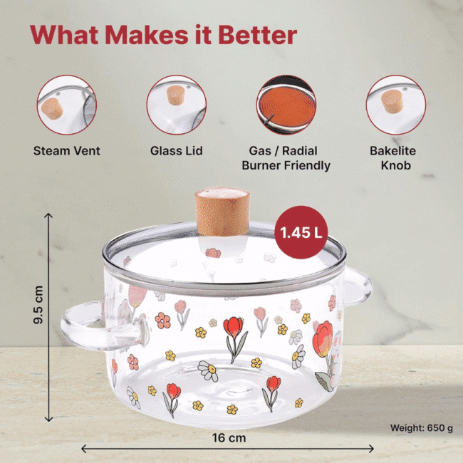 ⁦حلة زجاجية بوروسيليكات فاخر مقاوم للحرارة سعة 1.45 لتر مع غطاء⁩ - الصورة ⁦4⁩