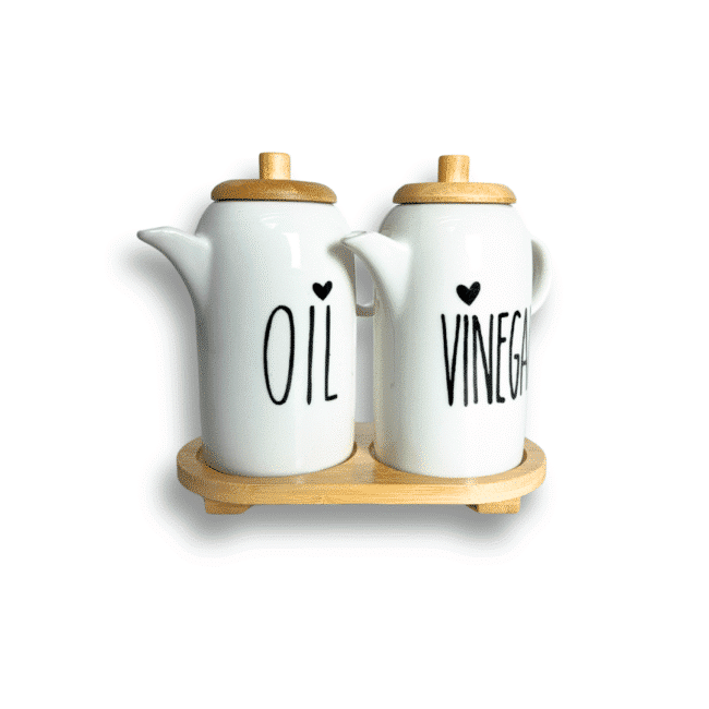 Porcelain Oil and Vinegar Set With Wooden Tray- 350ml - Image 2