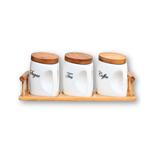 ⁦طقم علب للشاي والسكر والقهوة بورسلين مع غطاء محكمة الغلق و صينية بامبو- 750مل⁩ - الصورة ⁦3⁩