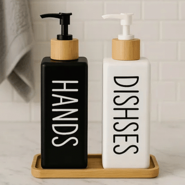 ⁦موزع صابون للأطباق واليدين 500 مل، مجموعة من قطعتين، موزع صابون قابل لإعادة التعبئة، شكل مربع (أسود وأبيض)⁩ - الصورة ⁦2⁩