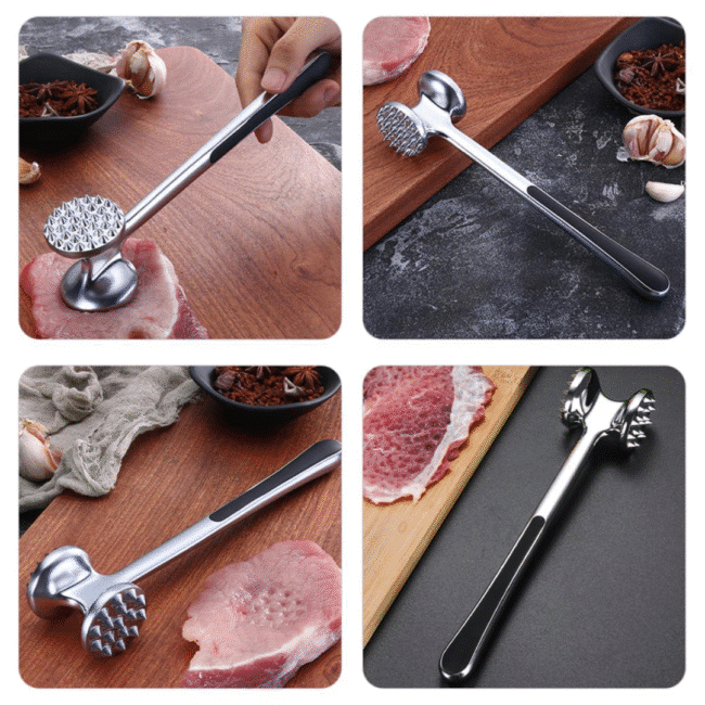 ⁦مطرقة لحم فاخرة من الفولاذ المقاوم للصدأ بمقبض طويل باللون الرمادي⁩ - الصورة ⁦4⁩