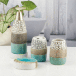 Porcelain Bathroom accessory Set  4-Piece: Soap Dispenser, Tumbler, Toothbrush Holder, Soap Dish- Turquoise color - Image 8