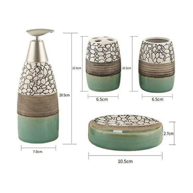 Porcelain Bathroom accessory Set  4-Piece: Soap Dispenser, Tumbler, Toothbrush Holder, Soap Dish- Turquoise color - Image 7