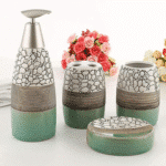 Porcelain Bathroom accessory Set  4-Piece: Soap Dispenser, Tumbler, Toothbrush Holder, Soap Dish- Turquoise color - Image 2