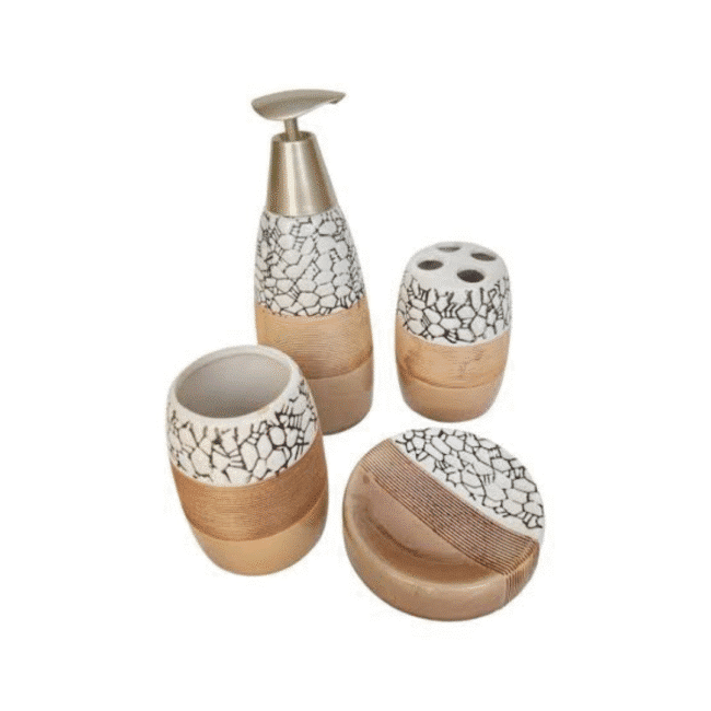 ⁦مجموعة إكسسوارات حمام من البورسلين مكونة من 4 قطع: موزع صابون، كوب، حامل فرشاة أسنان، طبق صابون - لون بيج⁩ - الصورة ⁦3⁩